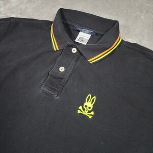 Psycho Bunny Polo Shirt Mens XL Black Pima Cotton Rasta Trim Skull Neon Pique